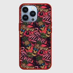 Чехол для iPhone 13 Pro Черепа из ананасов и розовые фламинго, цвет: 3D-красный