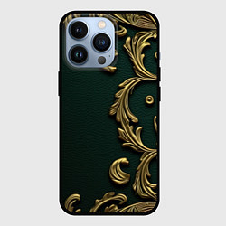 Чехол для iPhone 13 Pro Лепнина золотые узоры на зеленой ткани, цвет: 3D-черный