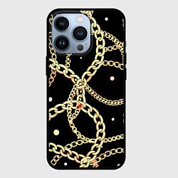 Чехол iPhone 13 Pro Золотые цепи на черном - ювелирные украшения патте