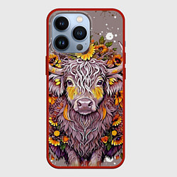 Чехол для iPhone 13 Pro Лохматая корова с венком цветов трав, цвет: 3D-красный