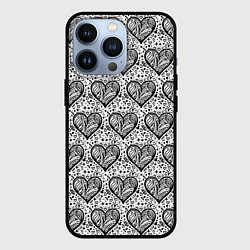 Чехол для iPhone 13 Pro Сердце в черно белых узорах, цвет: 3D-черный