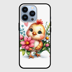 Чехол iPhone 13 Pro Мультяшный цыпленок с цветами