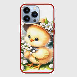 Чехол для iPhone 13 Pro Мультяшный цыпленок с цветами ландыша, цвет: 3D-красный