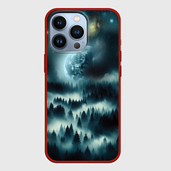 Чехол для iPhone 13 Pro Луна и туман в лесу, цвет: 3D-красный