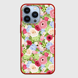 Чехол iPhone 13 Pro Фон с розами, лютиками и гортензиями