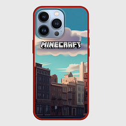 Чехол для iPhone 13 Pro Minecraft город и лого, цвет: 3D-красный