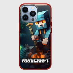Чехол для iPhone 13 Pro Minecraft персонаж у костра, цвет: 3D-красный