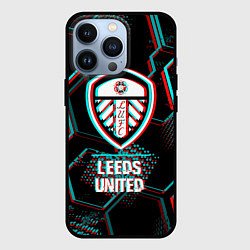 Чехол iPhone 13 Pro Leeds United FC в стиле glitch на темном фоне