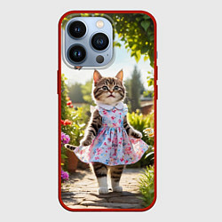 Чехол для iPhone 13 Pro Кошка в летнем платье в саду, цвет: 3D-красный