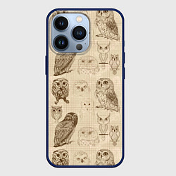 Чехол для iPhone 13 Pro Эскизы сов тетрадный лист в клетку, цвет: 3D-тёмно-синий