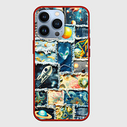 Чехол для iPhone 13 Pro Космические обитатели - пэчворк, цвет: 3D-красный