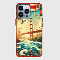 Чехол для iPhone 13 Pro Мост через реку и пэчворк - нейросеть арт USA brid, цвет: 3D-красный
