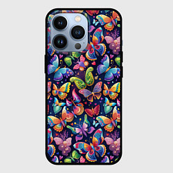 Чехол iPhone 13 Pro Бабочки в паттерне разноцветный яркий фон