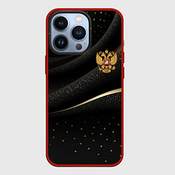 Чехол для iPhone 13 Pro Золотой герб России на черно-золотой текстуре, цвет: 3D-красный
