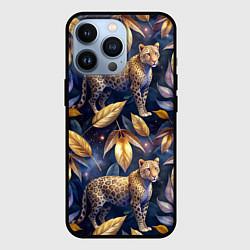 Чехол iPhone 13 Pro Леопард с золотыми листьями паттерны