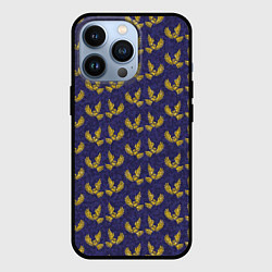 Чехол iPhone 13 Pro Золотые совы на фиолетовом - паттерн