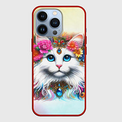 Чехол для iPhone 13 Pro Белый кот с голубыми глазами в цветах, цвет: 3D-красный