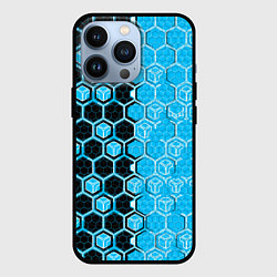 Чехол iPhone 13 Pro Техно-киберпанк шестиугольники голубой и чёрный