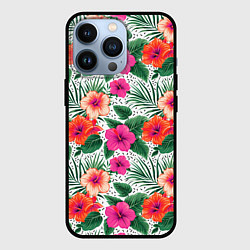 Чехол iPhone 13 Pro Цветы гибискуса и листья мальмы летний тропический