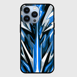 Чехол iPhone 13 Pro Хаотичная сине-белая абстракция на чёрном фоне