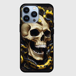 Чехол iPhone 13 Pro Череп и жёлто-чёрные змеи