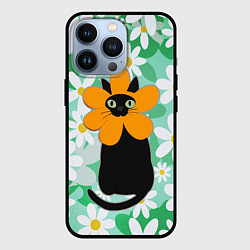 Чехол iPhone 13 Pro Черный кот хиппи в костюме цветочка