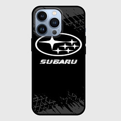 Чехол iPhone 13 Pro Subaru speed на темном фоне со следами шин