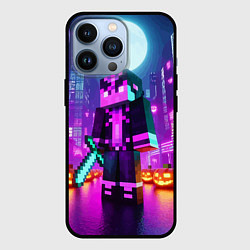 Чехол iPhone 13 Pro Чувак с мечом в неоновом городе - Майнкрафт