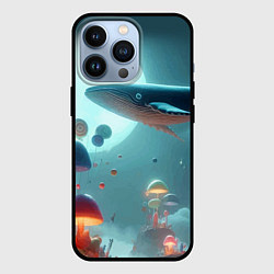 Чехол для iPhone 13 Pro Плывущий по небу кит среди грибов - фантазия, цвет: 3D-черный