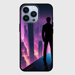 Чехол для iPhone 13 Pro Человек смотрящий на ночной мегаполис, цвет: 3D-черный