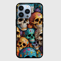 Чехол iPhone 13 Pro Разноцветные черепа, паттерн