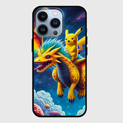 Чехол iPhone 13 Pro Pikachu on a fabulous dragon - neon glow