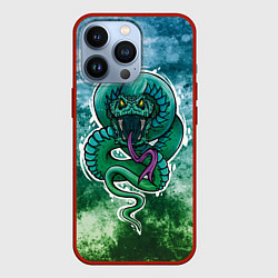 Чехол iPhone 13 Pro Агрессивная зеленая змея на абстрактном фоне