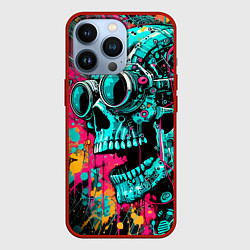 Чехол для iPhone 13 Pro Cyber skull sketch - color blots, цвет: 3D-красный