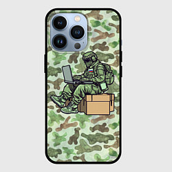 Чехол iPhone 13 Pro Русский солдат за ноутбуком