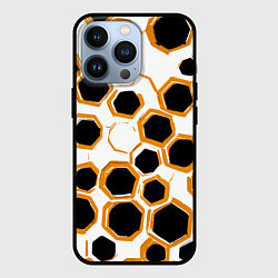 Чехол iPhone 13 Pro Чёрно-жёлтые шестиугольники на белом фоне