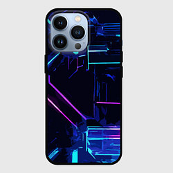 Чехол iPhone 13 Pro Сине-розовые полосы на чёрном фоне