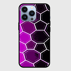 Чехол для iPhone 13 Pro Белые шестиугольники на чёрно-фиолетовом фоне, цвет: 3D-черный