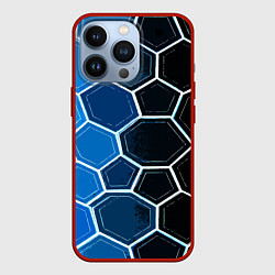 Чехол iPhone 13 Pro Белые шестиугольники на чёрно-синем фоне