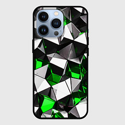 Чехол iPhone 13 Pro Зелёно-белые рельефные треугольники на чёрном фоне