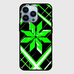 Чехол iPhone 13 Pro Зелёно-белая звезда и полосы на чёрном фоне
