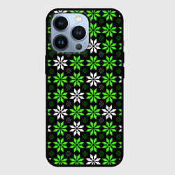 Чехол iPhone 13 Pro Бело-зелёные звёзды на чёрном фоне