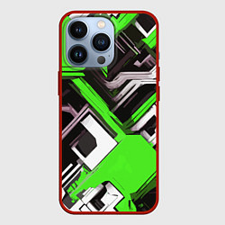 Чехол iPhone 13 Pro Бело-зелёный техно паттерн на чёрном фоне