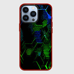Чехол iPhone 13 Pro Сине-зелёные точки и линии на чёрном фоне