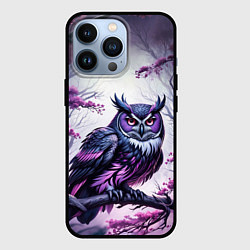 Чехол iPhone 13 Pro Черно фиолетовая сова сидит на ветке