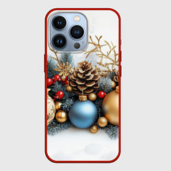 Чехол для iPhone 13 Pro Шарики новогодние и шишки, цвет: 3D-красный