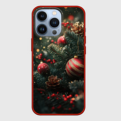 Чехол для iPhone 13 Pro Новый год - шарики, цвет: 3D-красный