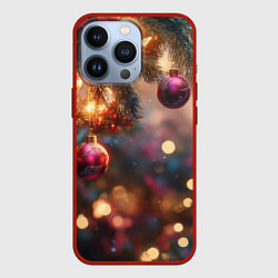 Чехол для iPhone 13 Pro Фиолетовые новогодние шары, цвет: 3D-красный