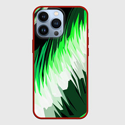 Чехол iPhone 13 Pro Зелёно-белая абстракция на чёрном фоне