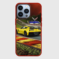 Чехол для iPhone 13 Pro Chevrolet Corvette на гоночной трассе, цвет: 3D-красный